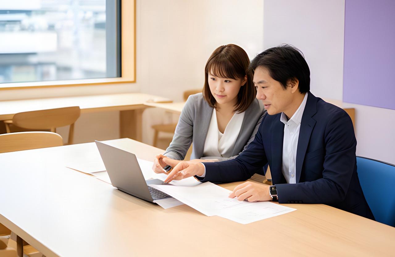 業務資料を見ながら相談する日本人の担当者