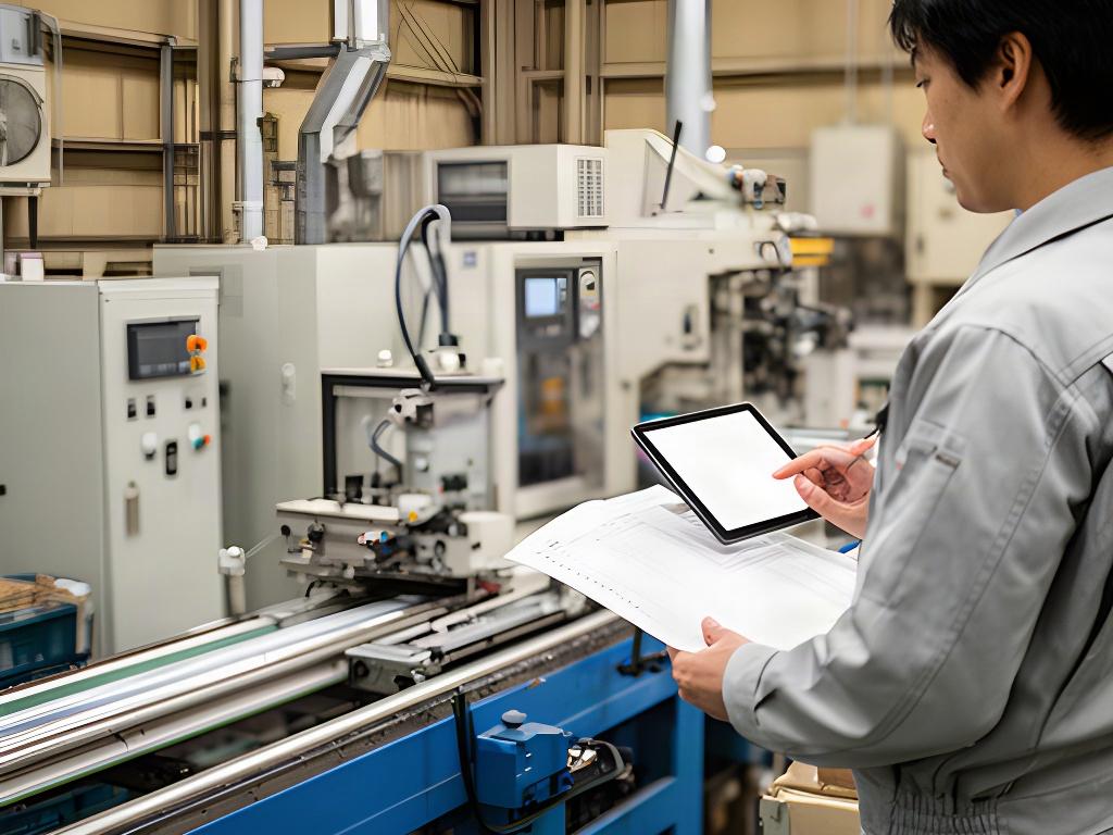 製造現場で設備と生産記録を確認する作業者